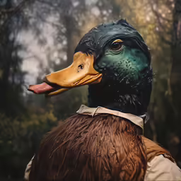 a duck wearing a brown coat and black hair