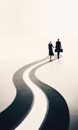 two people are standing in the middle of a curving road
