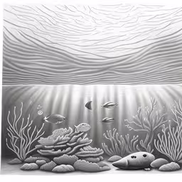 a drawing of an underwater scene, with sea animals and corals,an underwater scene with corals and fish,black and white drawing of an underwater scene,a drawing of an ocean coral with other marine creatures,an underwater scene is shown with sea life