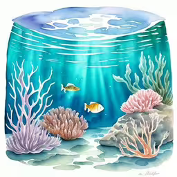 some underwater life and blue water in the ocean,a painting of an aquarium with fish and corals,a colorful underwater scene with corals and fish,a painting of fish and corals on a blue ocean,an image of coral reefs and fish under water