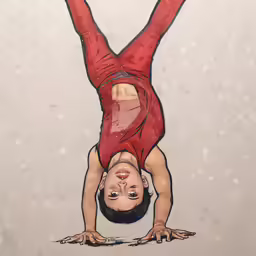 a woman in red shirt doing a handstand