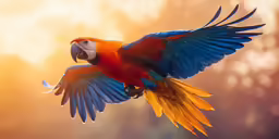 a blue and orange parrot is flying high in the air