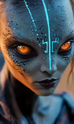 an orange eyed woman with horns, painted on her face