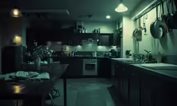 kitchen with a table on a long dark counter top