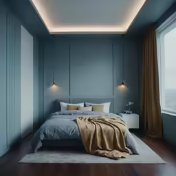 an empty bedroom has blue walls and bed