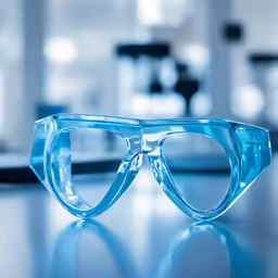 a pair of blue tinted glasses on a table