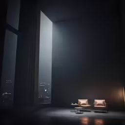 two chairs on the floor in front of an open window with city lights in the distance