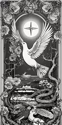 an image of a bird flying over a body of water,a bird in flight in front of a full moon with a cross above