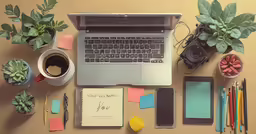 an overhead view of a laptop on a desk