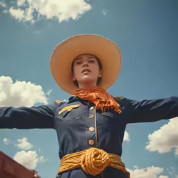 a person in a cowboy hat and blue shirt with hands outstretched