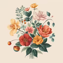 an illustration shows some orange, pink and white flowers