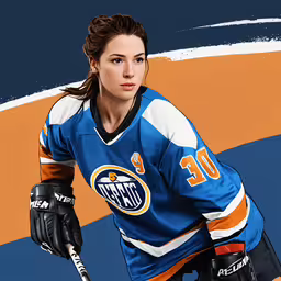 a girl with hockey gear standing in front of an orange and blue striped background,a female hockey player in blue jersey holding a stick