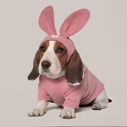 the small dog has a pink outfit with ears