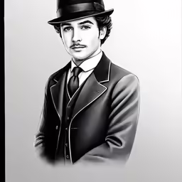 a man with a fedora and a suit, in black and white
