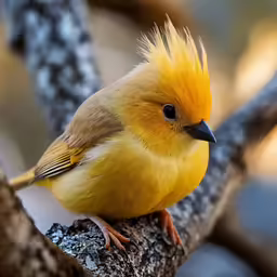 yellow bird with black and brown head sitting on branch