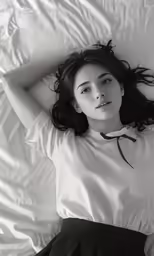 a woman laying down on top of a white sheet