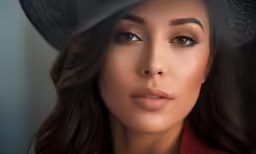 an asian model with smoky eyes, wearing a black hat