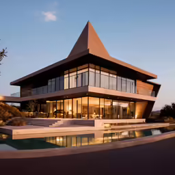 a modern house with a pool, patio and the view