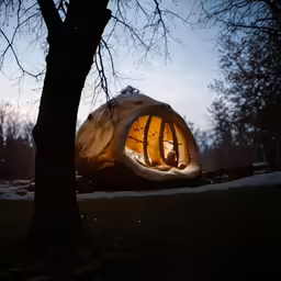 a lit up tent sitting on the ground