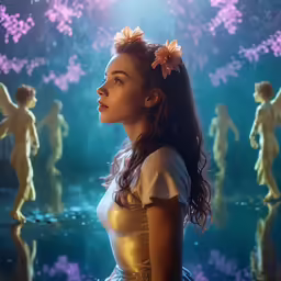an animated girl with flowers in her hair