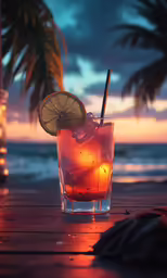 a drink sitting on a wooden table with a slice of lime