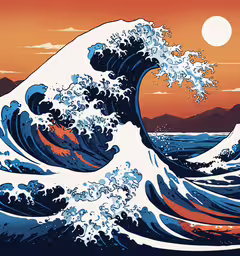 the great wave of kanji,an orange sky and ocean with waves crashing