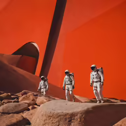 four astronauts walking along the rock lined ground