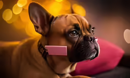 a small brown dog wearing a pink collar with a pink tag