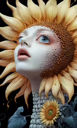 a woman with sunflowers on her head and face