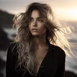 a beautiful blond woman standing in front of the camera,a woman with long hair standing by the water