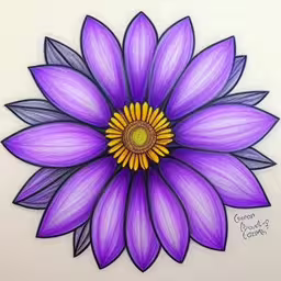 there is a drawing of a purple flower,a drawing of a purple flower is displayed on a white background,the image shows a painting of a purple flower with leaves,the purple flower is featured here in this drawing,this is a drawing of a flower that looks like it has a purple center