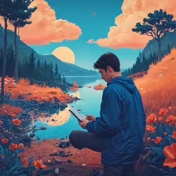 a man sitting down on the grass and using his cell phone,a boy crouching in front of the water looking at his digital tablet