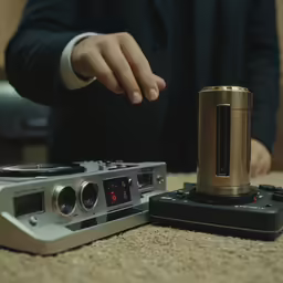 a close up of some items on a table with a man