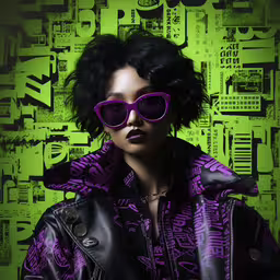 an image of a woman wearing purple glasses,an image of a woman in glasses posing