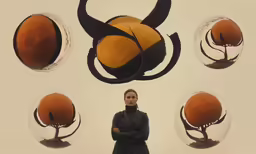 a woman in black jacket and black turtle neck shirt next to artwork