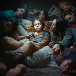 a group of people sitting in a bed