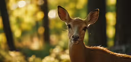 a young deer standing on top of a forest floor