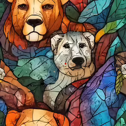 stained glass window with two bears and leaves