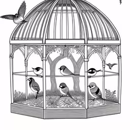 birds in a cage with a tree and birds flying over it,two birds sitting on top of a cage with another bird flying above