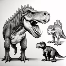 the drawing of an dinosaur, its mouth open and his teeth showing,two drawings of dinosaurs with large, small and large teeth,a pencil drawing of a dinosaur and a t - rex,the various drawings of the dinosaurs,dinosaurs from a book of adult to young