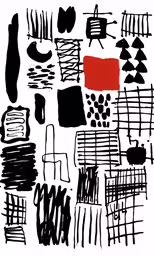 a red painting on white with a black pattern