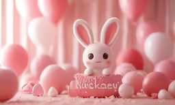 a pink stuffed animal with pink balloons in the background