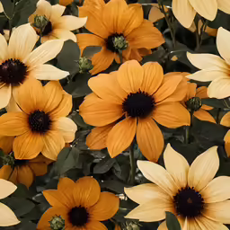 close up of many yellow flowers and green leaves