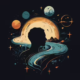 a black silhouette in front of some planets