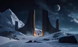 two doorways open in an alien landscape