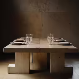 there is a table with clear glasses on it