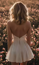 the back of the dress is showing that she is wearing high heels
