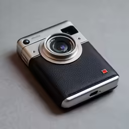 the camera has a black leather case on the phone