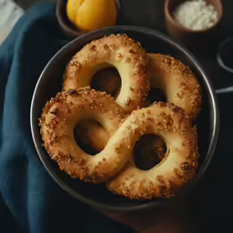 a person holding three bagel rings over their fingers