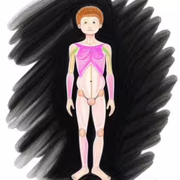 this artist uses her body to create an image with its own body,a drawing of a child, with muscles highlighted in the side